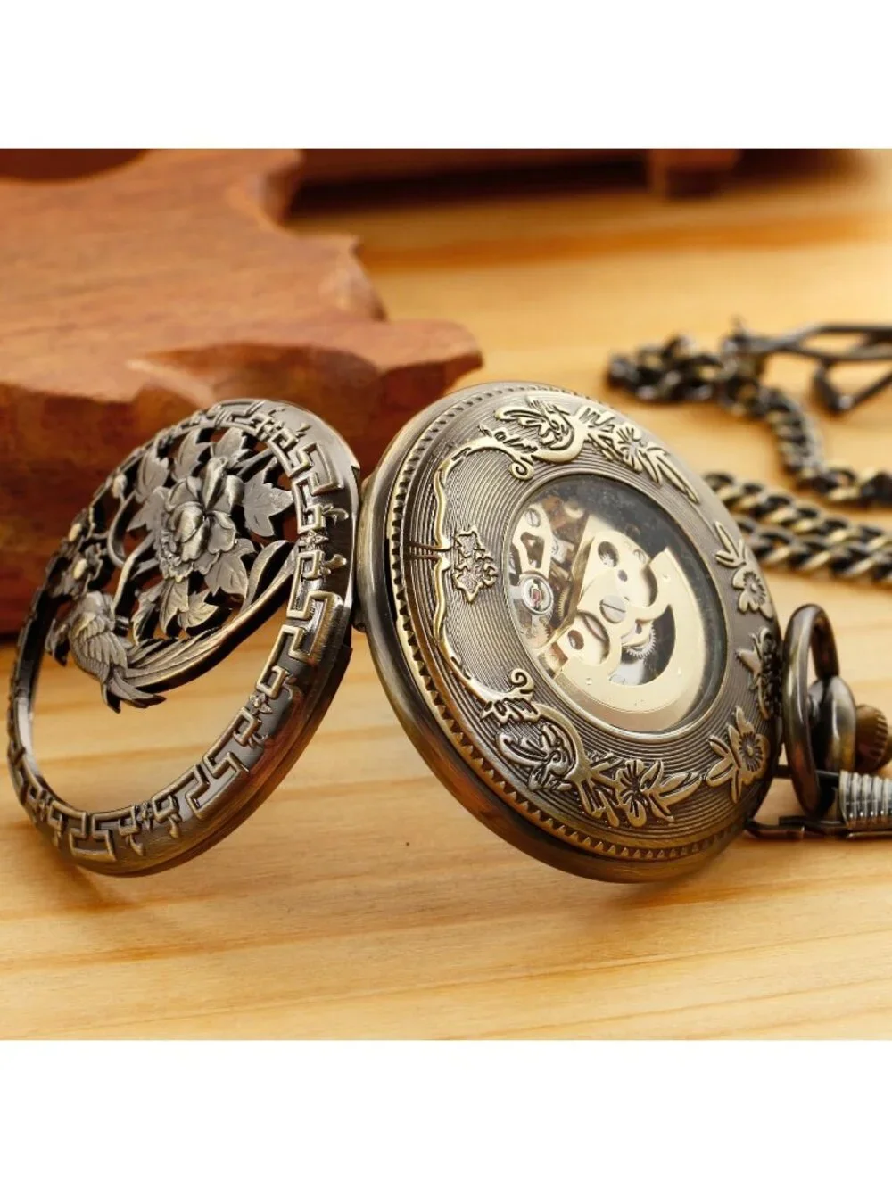 Men's Gold Bronze Bird Skeleton Roman Numerals Hollow Mechanical Pocket Watch
